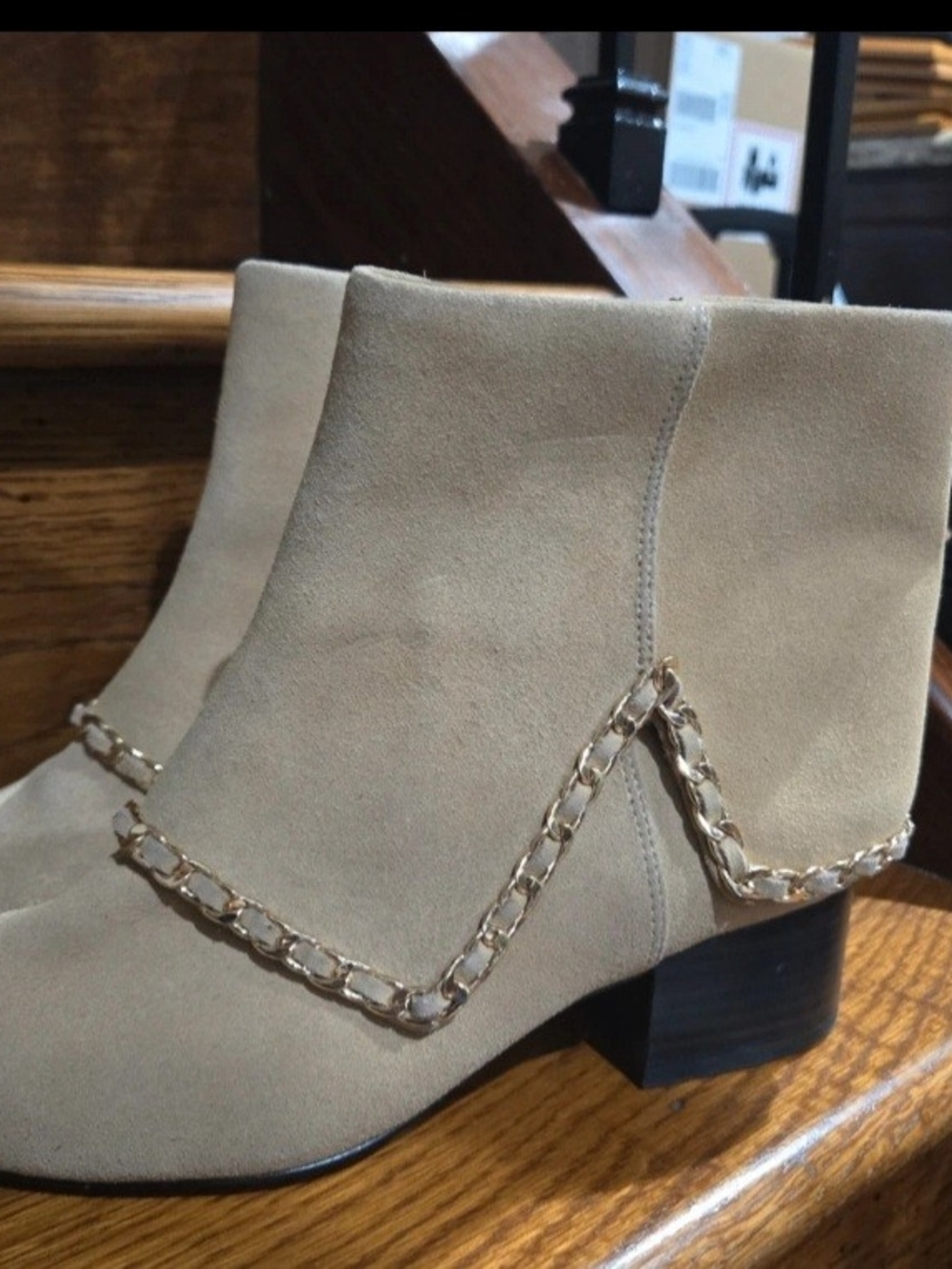 Karl Lagerfeld Taupe Suede Ankle Boots with Gold Chain Trim - Picture 5 of 6